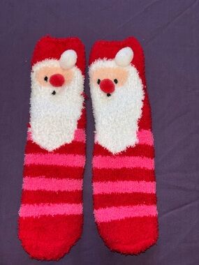 Red & Pink Santa Plush Fuzzy Socks